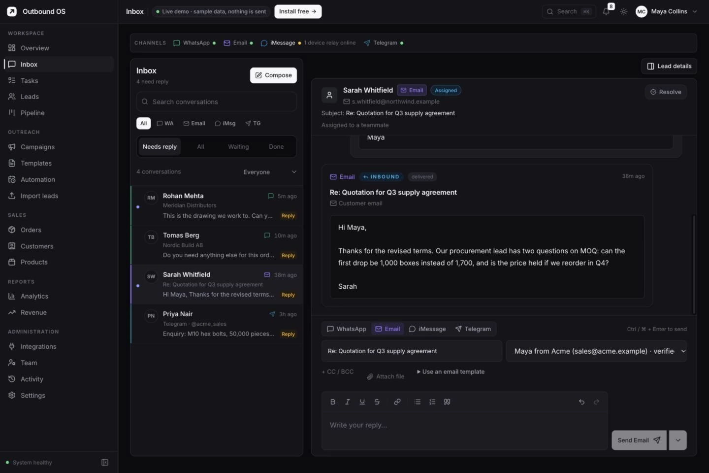 Outbound OS in dark mode: a shared conversation queue, customer email history and reply composer; on phones, the focused WhatsApp conversation