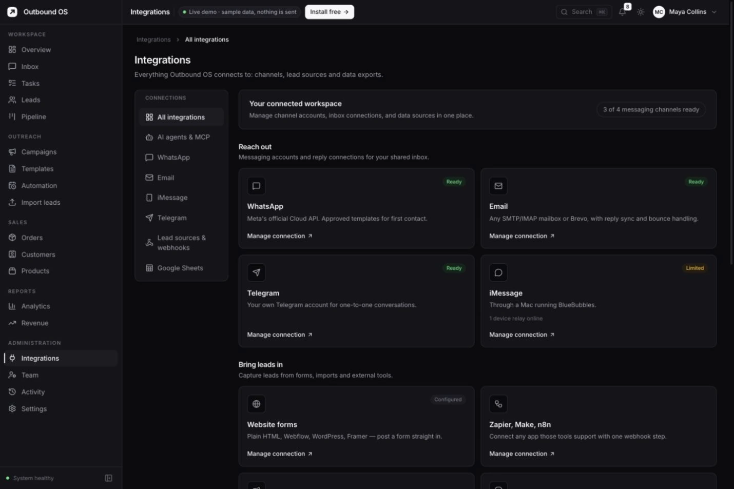 Outbound OS integrations catalogue showing connected channels and lead sources