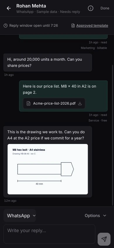 Dark Outbound OS mobile conversation showing the reply window, file attachments, delivery receipts and reply composer