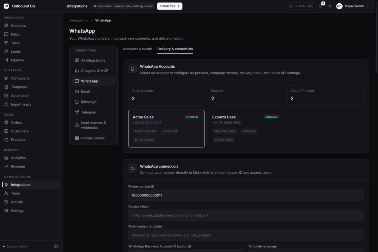 Outbound OS dark WhatsApp connection settings with two sample sender accounts and saved API connection fields